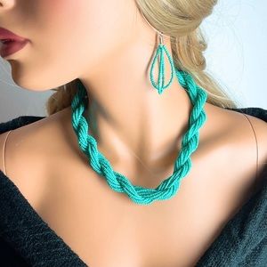 Turquoise Seed Bead Necklace & Earring Set